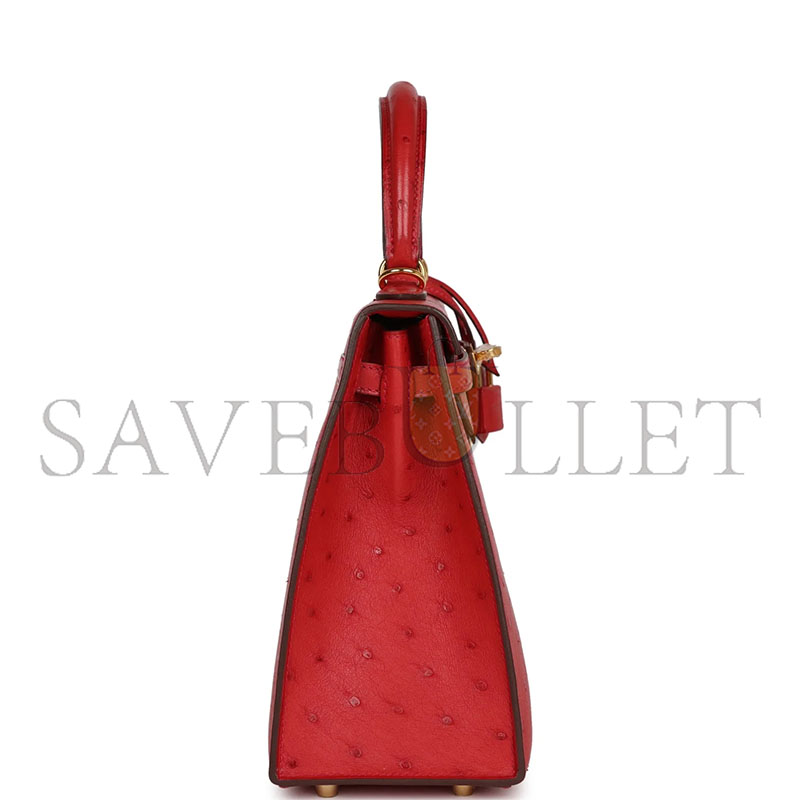 HERMÈS MASTER KELLY SELLIER 28 ROUGE VIF VERSO OSTRICH GOLD HARDWARE (28*22*10cm)
